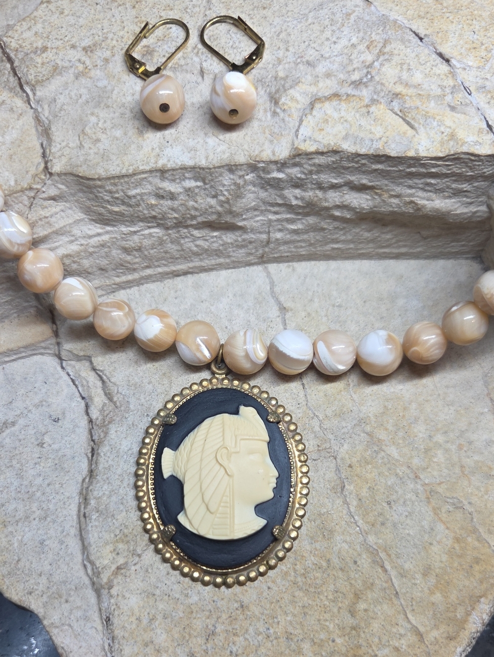 Vintage Mother of Pearl Cameo necklace and earrings set Handmade
